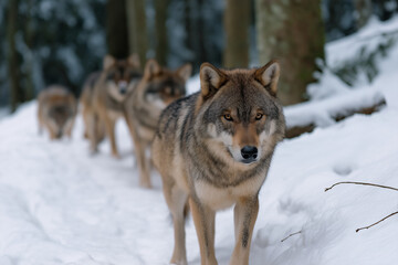 Fototapeta premium A striking image of a pack of wolves moving through a snowy forest, illustrating their strength, unity, and the serene beauty of a winter landscape.