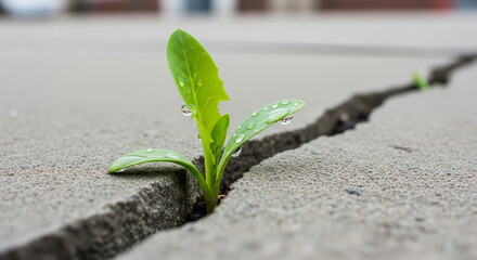 Fresh green sprout with water droplets emerging from crack in cement walkway floor symbolizing resilience or urban nature