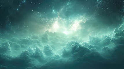 Obraz premium Ethereal teal and turquoise clouds illuminated by bright light, forming a vibrant cosmic nebula with distant stars visible in the vast, deep blue green sky, creating a feeling of infinite mystery