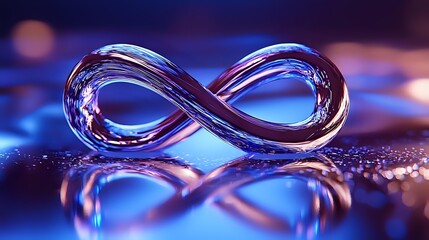 Glass infinity symbol with vibrant blue and purple reflections on glossy surface creating endless loop concept for mathematics and eternity themes.