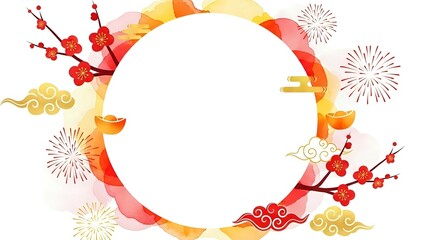 Festive circular frame with red plum blossoms, golden clouds and fireworks on white background for Asian holiday celebrations and greeting card designs.