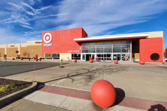 Pottstown, Pennsylvania, U.S - Dec 11, 2025 - Target store exterior with iconic red logo, bollards, and order pickup entrance, a popular retail destination on a sunny day.