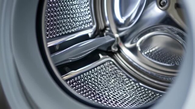 Inside a modern, stainless steel washing machine drum, with agitators and a close-up view
