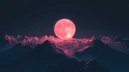 Vibrant pink full moon illuminating rugged mountain peaks and a landscape of glowing pink clouds under a dark, star filled night sky, creating a surreal and otherworldly scene
