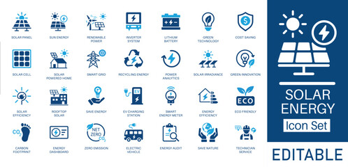 Solar Energy and Renewable Energy solid icon set. Includes symbols for Solar Panel, Smart Grid, Net Zero, and EV Charging. Solid vector icons for sustainability and eco projects.