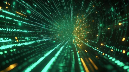 Abstract digital tunnel showcasing a high speed data stream tunnel with glowing green and orange lines and particles, representing internet communication, technology, and cybersecurity