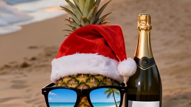 Pineapple wears a Santa hat and reflective sunglasses on a sunlit beach with a chilled bottle of champagne nearby. The blurred sky and sand provide empty space for text and seasonal branding in the