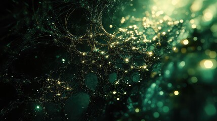 Abstract network structure represents complex connections and data flow, showing illuminated nodes forming an intricate system of digital information, technology, and futuristic concepts