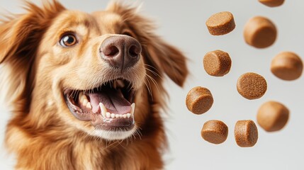 Happy dog excitedly looks at pet food flying in the air on plain background. Delicious treats.