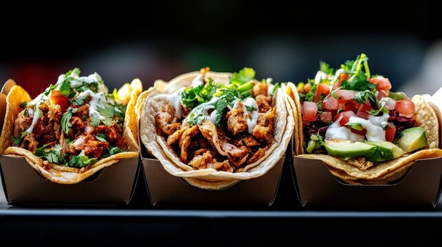 Three delicious plant based tacos filled with fresh ingredients and herbs, served in eco friendly containers. - Powered by Adobe