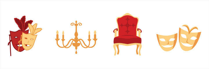 Classic theater symbols illustration set featuring drama masks chandelier and elegant stage chair isolated on white background