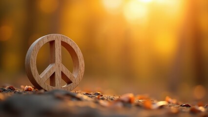 Wooden peace symbol resting on ground with autumn leaves in warm golden sunset light with blurred bokeh background. concept of peace, spirituality, harmony