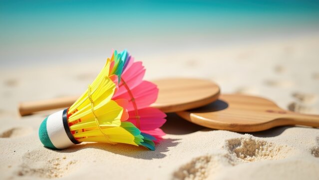 Colorful shuttlecock resting on sandy beach with wooden paddles in blurred ocean background during sunny summer day, concept of beach games, outdoor recreation, summer sports