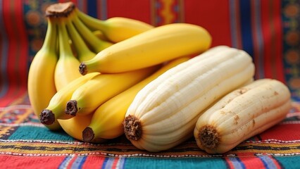 Fresh plantains and yuca root on vibrant market cloth with bright traditional woven patterns, healthy Latin American carbohydrate sources, natural energy foods