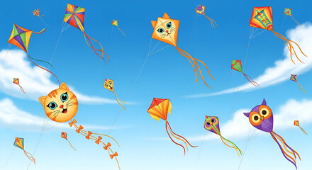 Cartoon Makar Sankranti kites sky. Colorful festive background