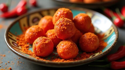 Bright colorful tamarind candy energy balls with chili powder coating on vibrant ceramic plate, traditional Latin American athletic snacks, spicy-sweet energy food