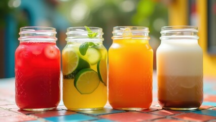 Glass jars filled with colorful aguas frescas drinks - bright refreshing beverages on vibrant tiled surface, refreshing healthy aesthetic, wellness symbolism, appetizing beverage
