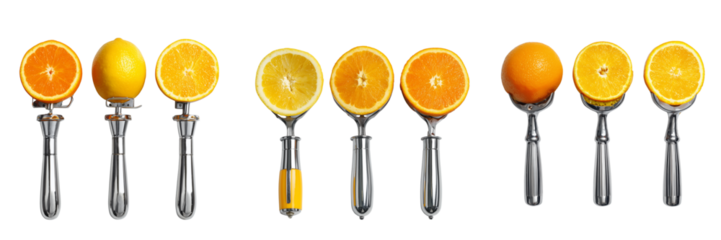 Set of Heavy duty stainless steel lemon squeezer positioned diagonally on transparent png background. Ai generated