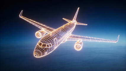Naklejka premium Golden Wireframe Airplane in Futuristic Tech Background 