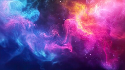 Obraz premium Vibrant nebula smoke clouds swirling in blue, pink, and orange with sparkling stardust and glowing particles, creating a dynamic, dreamlike cosmic background for modern design