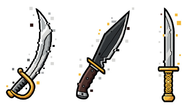 Set of three detailed cartoon swords with distinct styles and colors