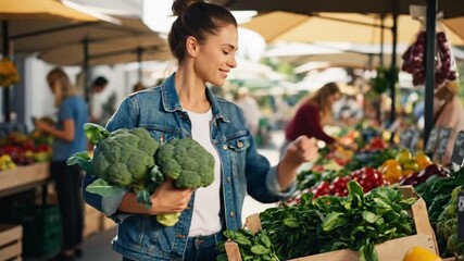 Smiling woman shopping for fresh organic produce at a vibrant outdoor farmers market