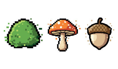 Pixel art of green bush, red mushroom, and acorn on white background