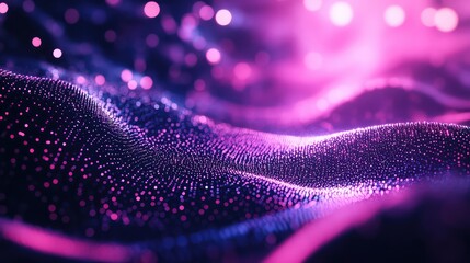 Abstract network of glowing purple particles forming undulating waves, representing a futuristic concept of interconnected data and digital communication, with a luminous bokeh effect