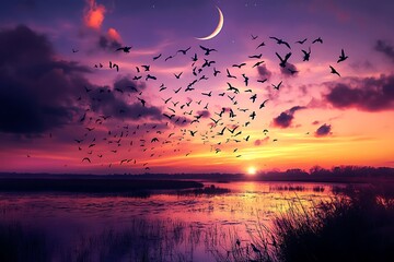 Flock of birds flying over a serene sunset lake with a crescent moon in purple and orange sky