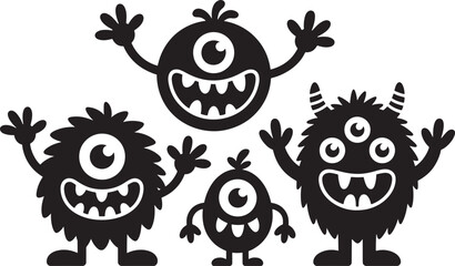 Set of funny smiling monster silhouettes with different shapes and features, including horns and big eyes