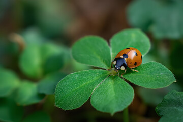 Fototapeta premium A close-up view of a ladybug perched on a clover leaf, capturing the intricate beauty of nature, light, and detail, evoking a sense of peace and admiration for the small wonders around us.