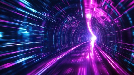 Moving through a futuristic digital data tunnel with glowing neon light trails representing fast network connections and accelerating information flow in cyberspace