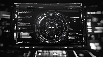 Digital user interface with a glowing circular infographic and layered hud elements, visualizing cybersecurity, programming, network connectivity and big data in a dark data center setting