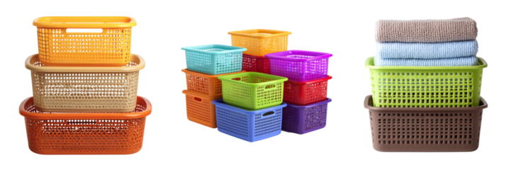 Set of modern plastic utility basket on transparent png background. Ai generated