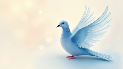 Obraz premium Watercolor dove in soft blue and white tones with fluid edges, blurred warm pastel background behind adding dreamy artistic atmosphere.