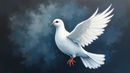 Obraz premium White dove flying with spread wings on dramatic dark blue cloudy background in artistic painting style. concept of peace, spirituality, religion