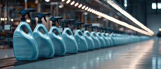 Fototapeta premium Cleaning bottles with blue liquid arranged in a line on the production floor of an industrial factory