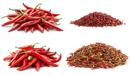 Fototapeta premium Fresh and dried red chili peppers whole and crushed isolated on white background