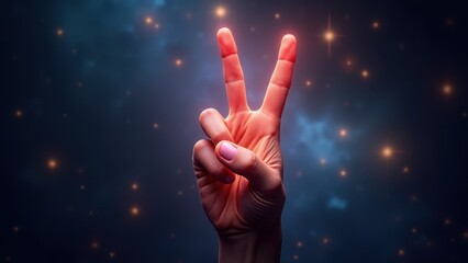 Hand showing peace victory sign with glowing fingertips on magical pink purple bokeh background with sparkling particles. concept of celebration, motivation, positivity