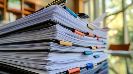 High stack of office documents papers business organization workspace