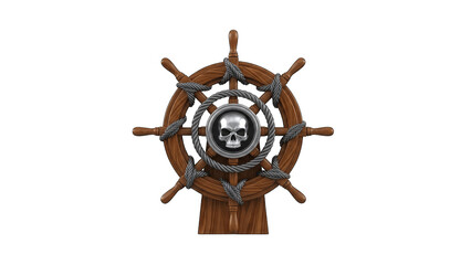 Pirate Ship Wheel with Skull Emblem on White Background