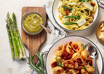Italian dinner table with assortment of pastas.