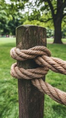 Raffia rope wraps around wooden fence post in a park amid green grass and trees on a serene day with selective focus and clear copy space
