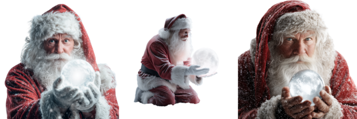 Set of Santa holding a festive snow globe with falling snow and a tiny house inside on transparent png background. Ai generated