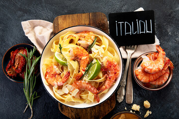 Delicious pasta with red shrimps, italian pasta, mediterranean recipe.