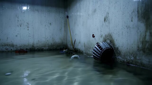 A flooded interior room, showing an object submerged. The walls are concrete, and some plant life is present