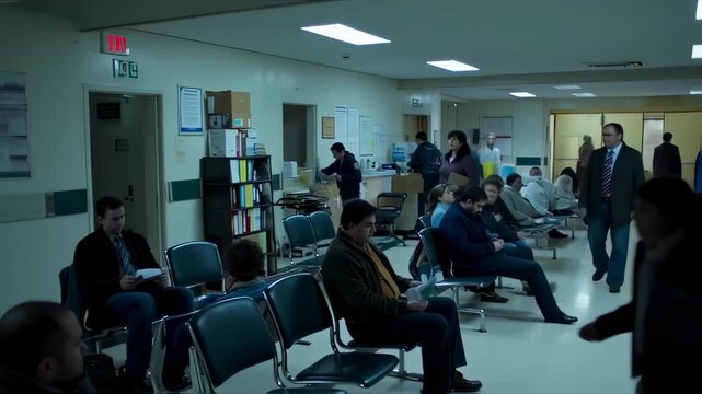 People sit and walk in a long, well-lit hallway. Some wait, others move toward doors