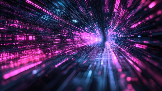 Digital tunnel of glowing magenta, blue, and purple lines and particles forming a high speed data stream, futuristic fiber optic network visualization for cyberspace and communication - Powered by Adobe