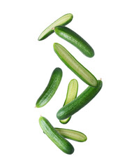 Ripe whole and sliced cucumbers in the air isolated on a white background
