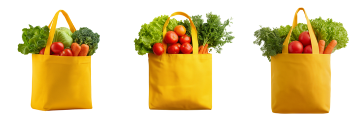 Set of shopping bag with fresh produce and arranged aesthetically on transparent png background. Ai generated